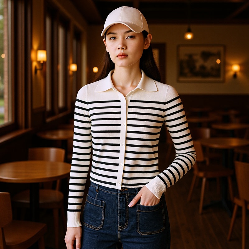 Xiao Helu Zhao Lusi's Same Style Slim Cardigan Jacket 2025 Spring Pure Cotton Stripesd Lapel Knitted Cardigan for Women