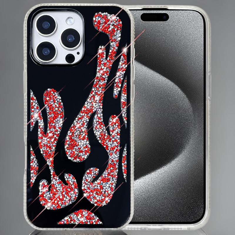红际工厂新款手机壳适用苹果16promax镜面镶钻手机套火焰水钻壳