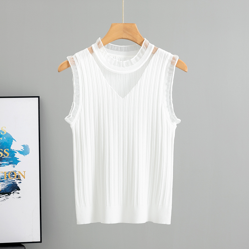 2024 Summer Thin Lace Vest Bottoming Shirt Women's Sleeveless New Hot Style Knitted Design Mesh