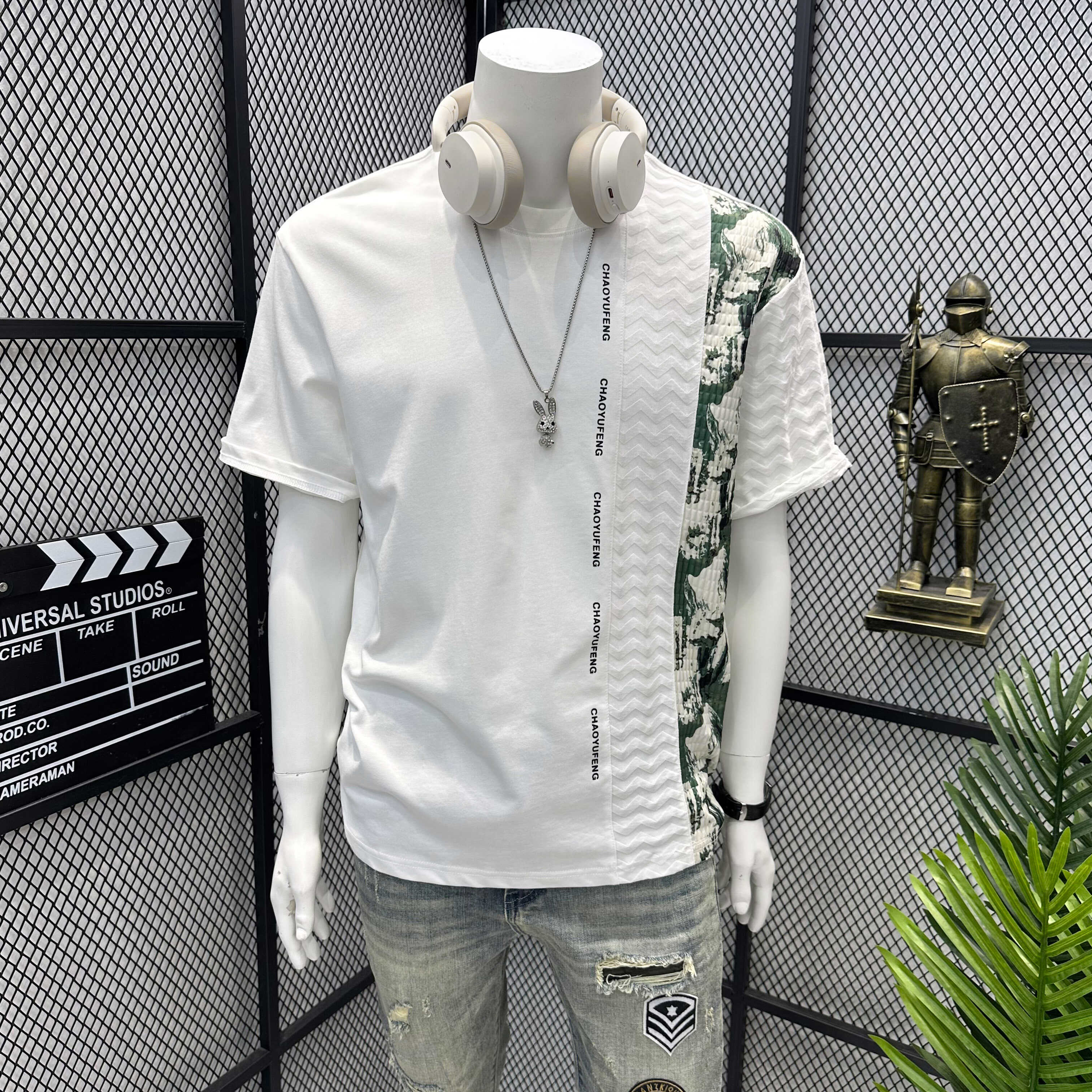 Summer Fashion Trend High-End Floral Patchwork Short-Sleeve T-Shirt for Men, Ins Trendy Brand Round Neck Casual Half-Sleeve Tee
