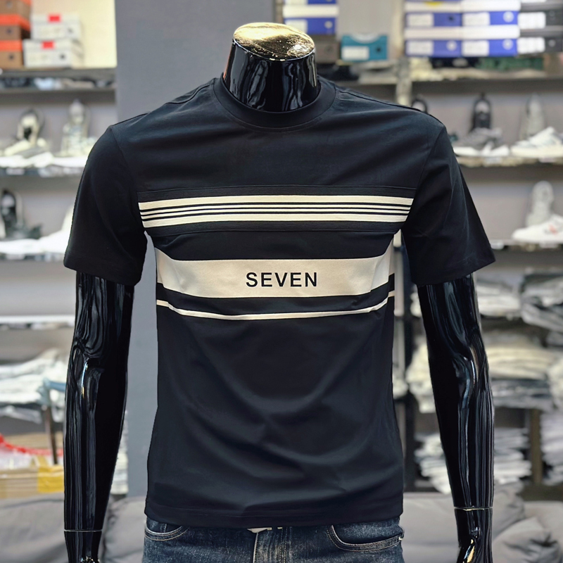 European High-End Printed Striped Short-Sleeve T-Shirt for Men ins Trendy Slim-Fit Summer New Versatile Round-Neck Half-Sleeve