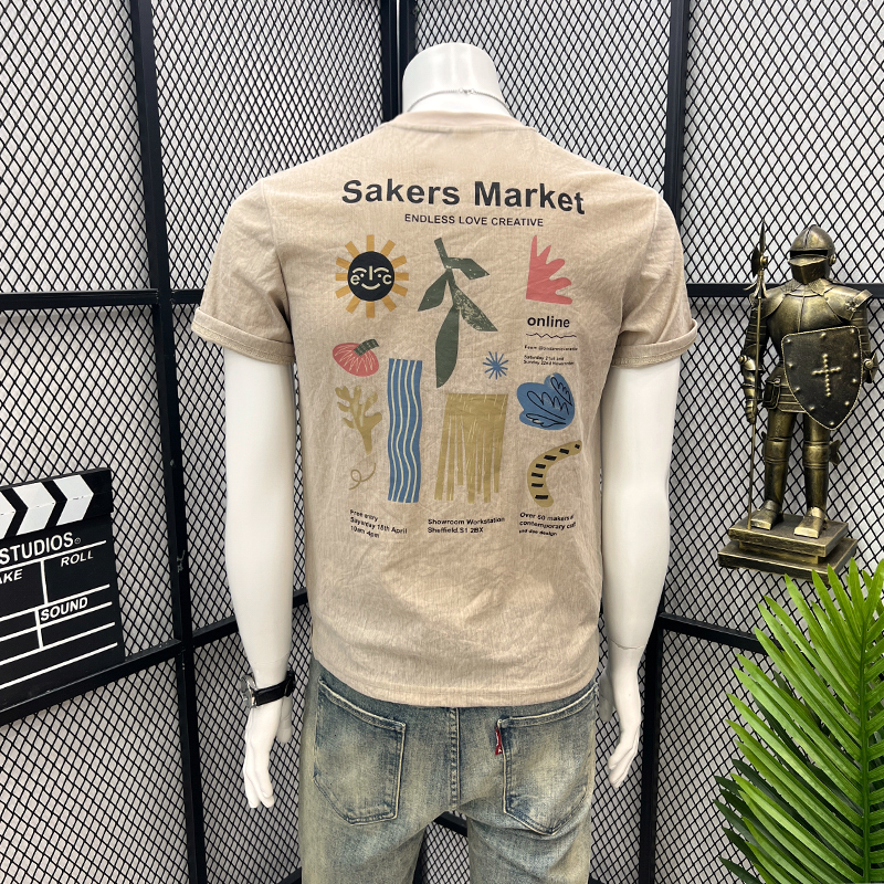 Oxford Linen Cotton Short-Sleeved T-Shirt for Men, Summer Thin Style, Slim Fit Top for Young Men, Cartoon Print Men's Casual Half-Sleeve T-Shirt