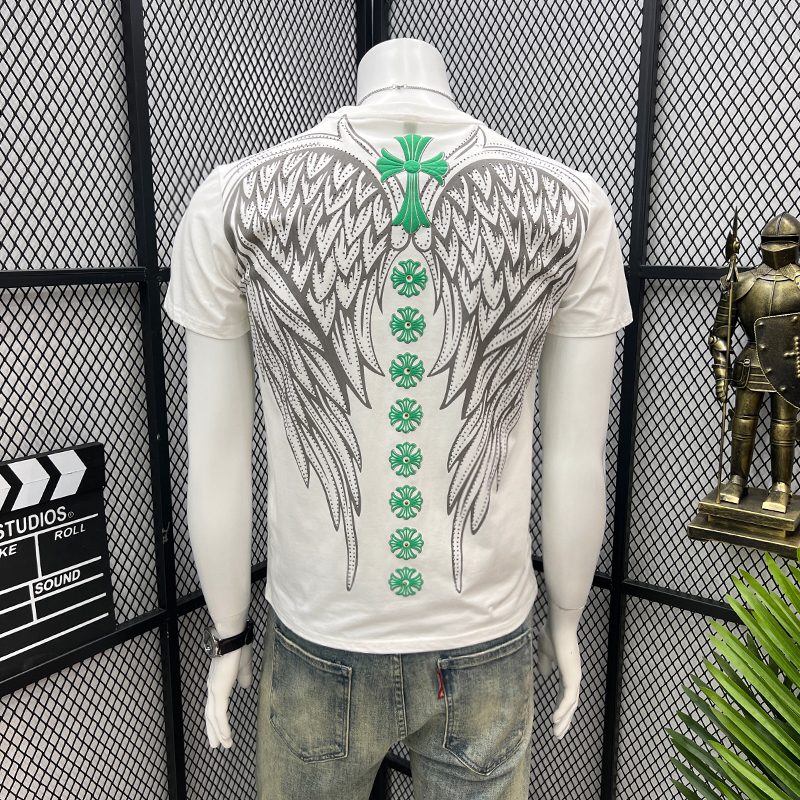 European Trendy Brand Mercerized Cotton Men's Summer New Style Back Wing Rhinestone European Style Personalized Short-Sleeve T-Shirt Trendy