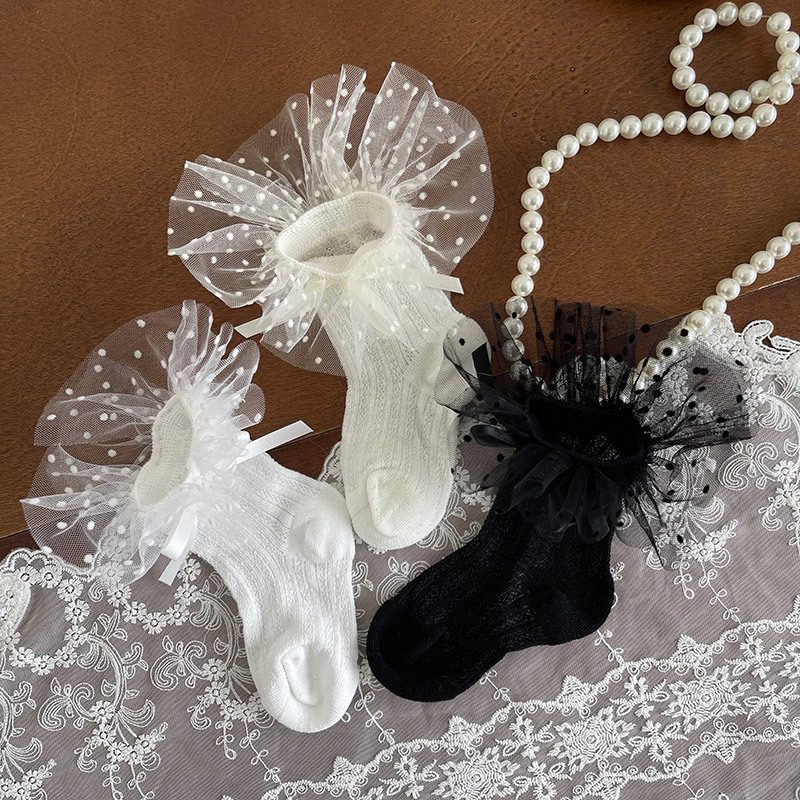 Korean Kidsren's Socks with Baby's Breath, Lace Bow, Cute Girls, Baby Students, Heels and Socks for Women