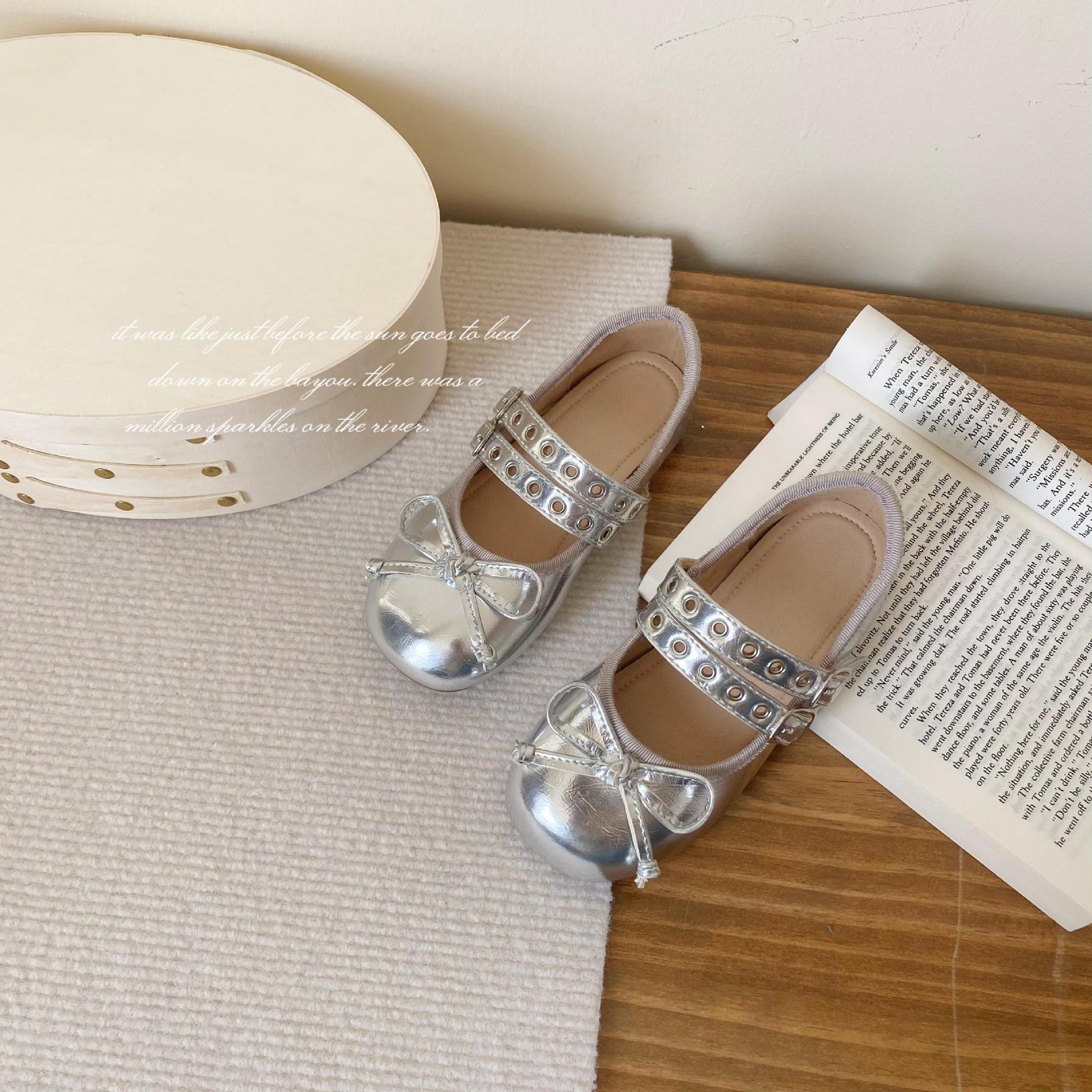 Dongdaemun Korean Style Children's Shoes Spring New Girls' Single Shoes Double-Row Velcro Bow Silver Soft-Soled Princess Shoes