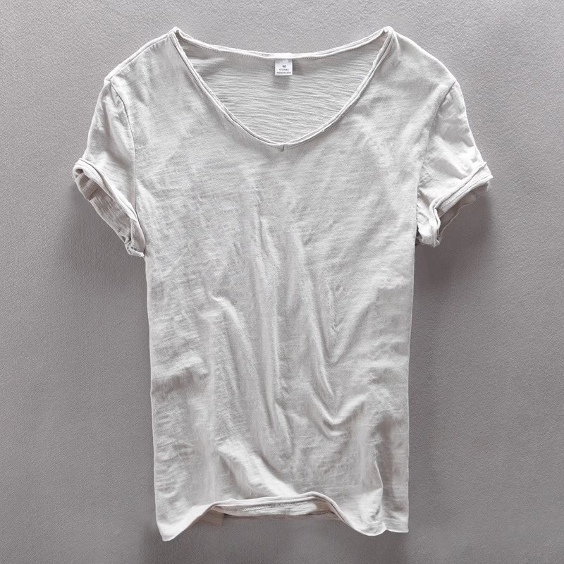 European and American Street Style Men's Short-Sleeve Pure Cotton Slub Cotton Hong Kong Style Trendy Men's V-Neck Frayed Edge Solid Color T-Shirt, Available in Multiple Colors and Versatile