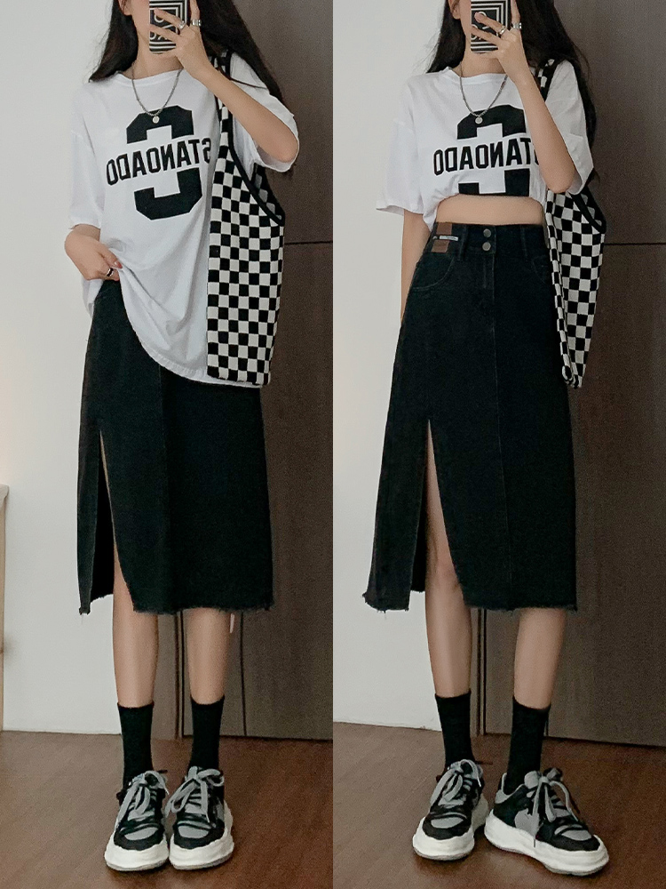 Hot Girl Side-Slit Denim Skirt for Women, Spring and Summer 2024 New High-Waisted Slimming Hip-Covering Plus-Size Mid-Length Skirt