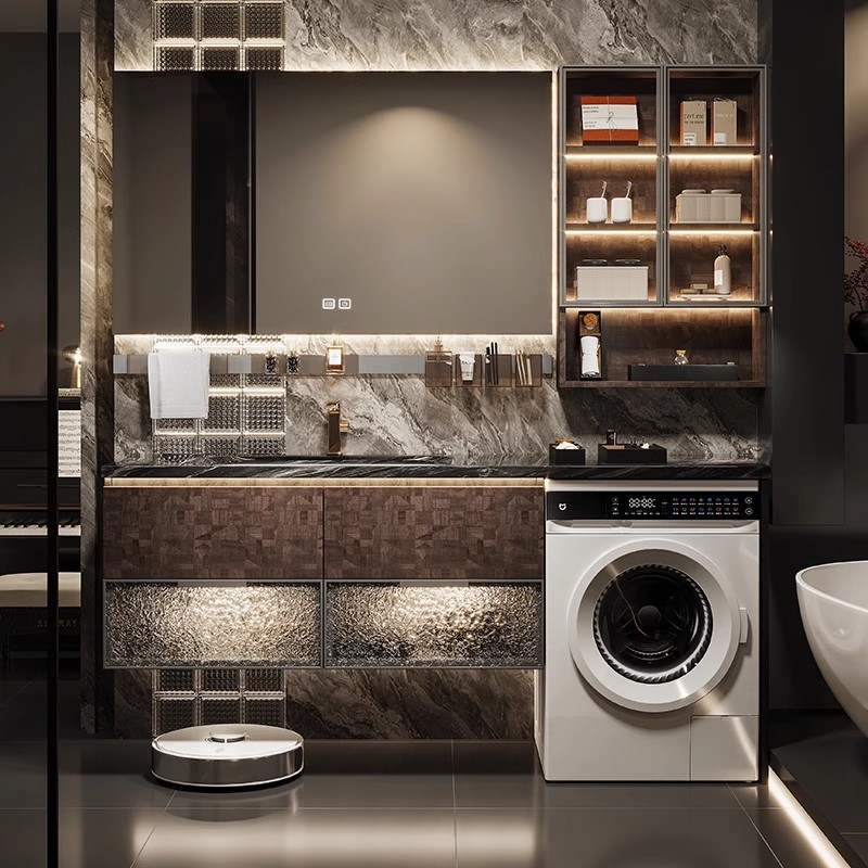 Luxury Stone Countertop Solid Wood Light Luxury Washing Machine Cabinet Combination Bathroom Sink Washbasin Toilet Laundry Cabinet Combination