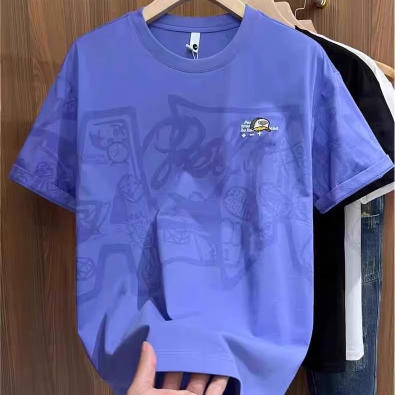 2025 Summer Men's All-Over Print Short-Sleeve T-Shirt Trendy Versatile Pure Cotton Embroidered Print Loose Breathable Casual Top