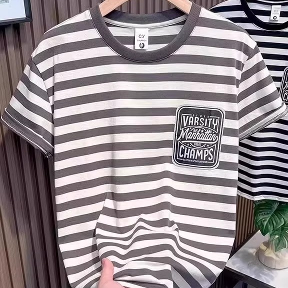 Summer Popular Men's Stripesd Short-Sleeved T-Shirt Trendyy Label Printing ins Couple Style Breathable Versatile Casual Top
