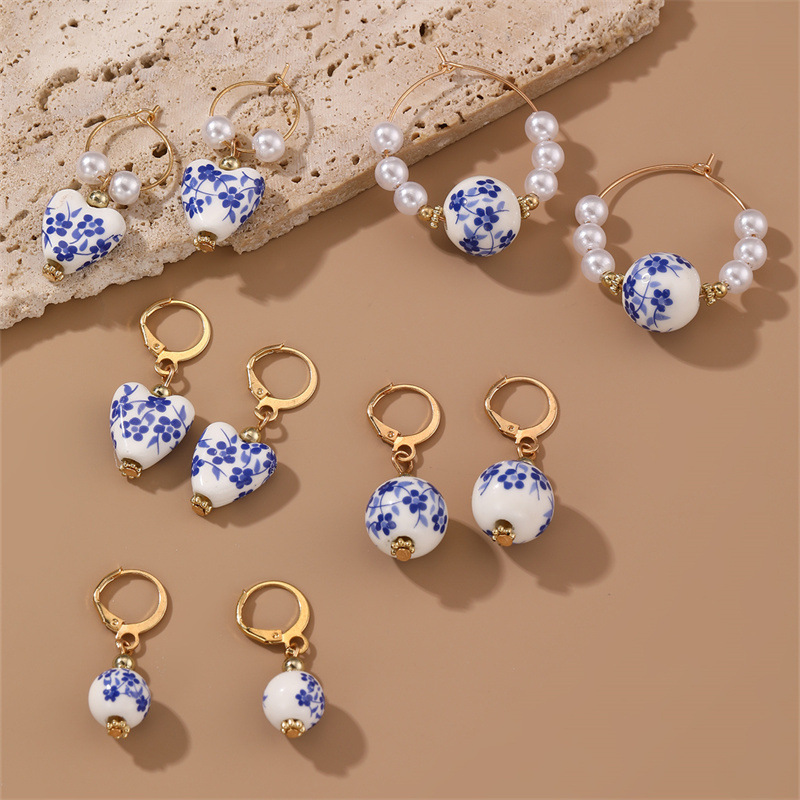 Retro Chinese Style Jewelry Fashion Pearl Blue and White Porcelain Women's Earrings Normcore Elegant Blue Ceramic Earrings Earrings