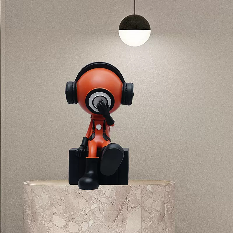 Cartoon Character Wearing Headphones, Space-Themed Figurine, Modern Living Room Light Luxury Sculpture, Shopping Mall Hotel Soft Decoration Artwork
