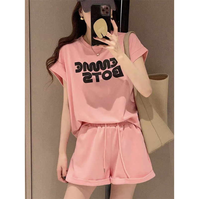 Pure Cotton Casual Sports Suit for Women, Summer Korean Style, Loose Fit, Slimming, Fashionable Short-Sleeved Shorts, Running Two-Piece Set