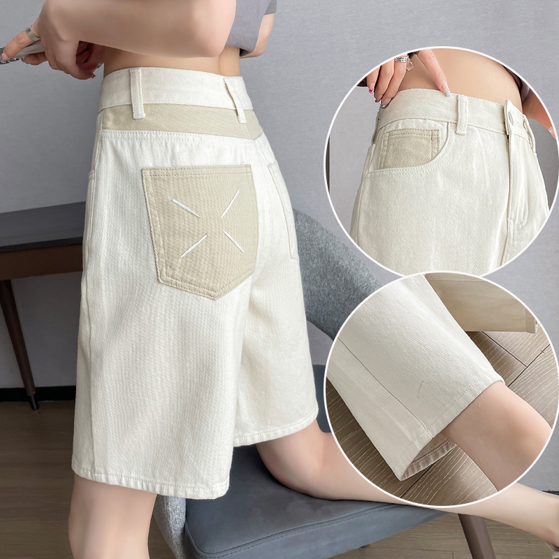 Off-White Denim Straight-Leg Shorts for Women 2025 New Style Knee-High High-Waisted Thigh-Covering Slimming Loose A-Line Five-Point Shorts