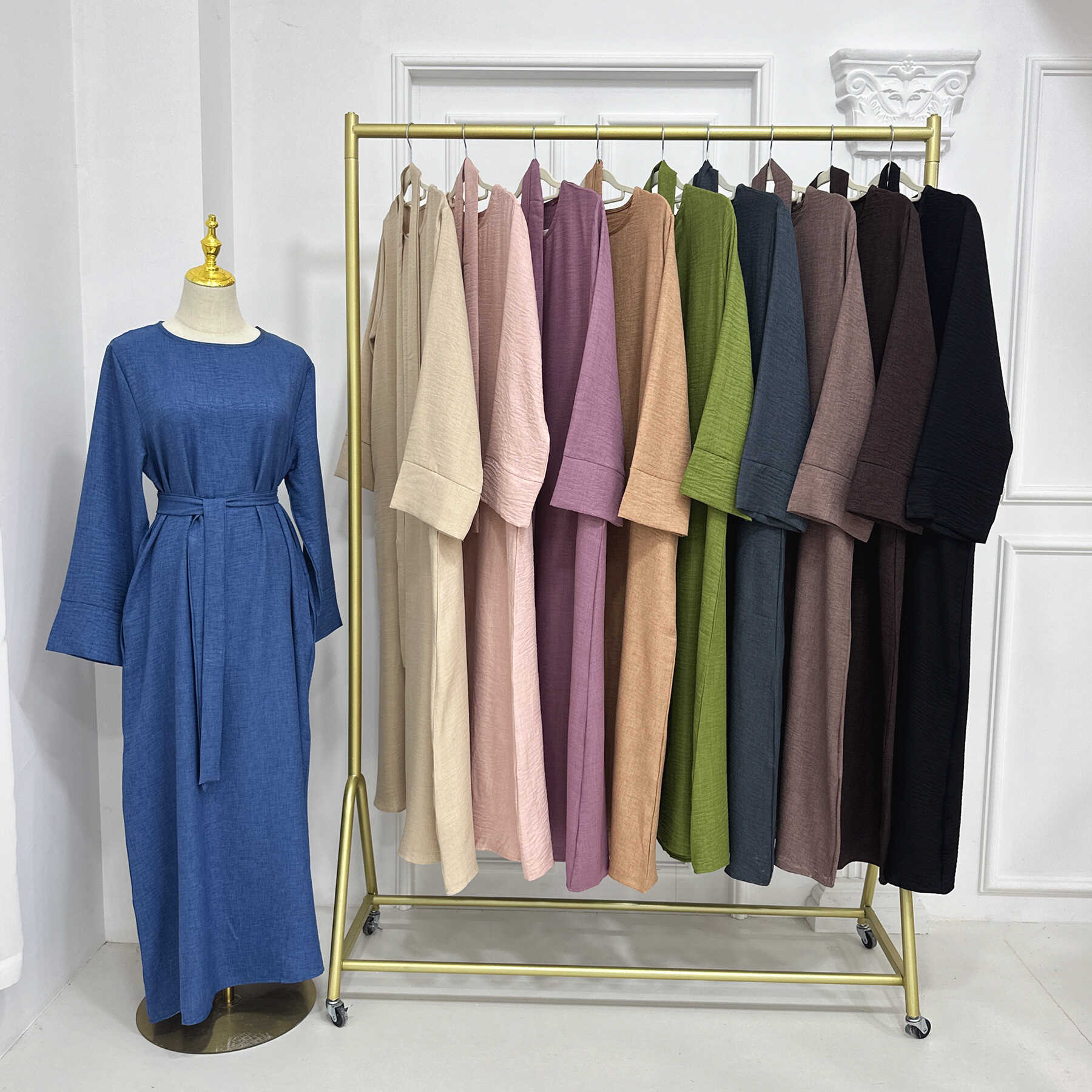 New Middle Eastern Dubai Solid Color Loose Lace-Up Round Neck Dress