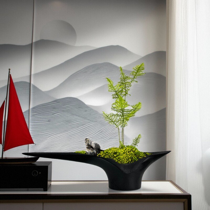 New Chinese-style Resin Decorative Flower Pot Ornaments Soft Design Flower Arrange Hotel Living Room Entrance Cafe Green Plant Ornaments