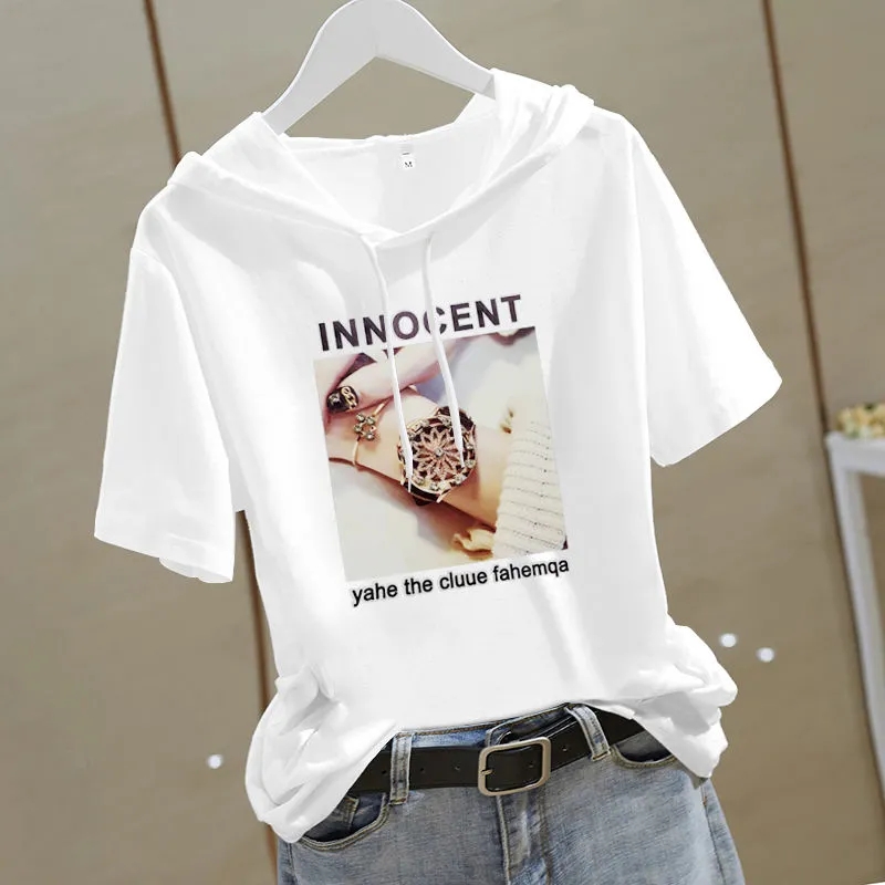 White Short-Sleeve Printed Hooded White T-Shirt for Women, Slim Fit, Korean Style, Half-Sleeve, Loose, Plus Size, New Summer Top ins Trendy