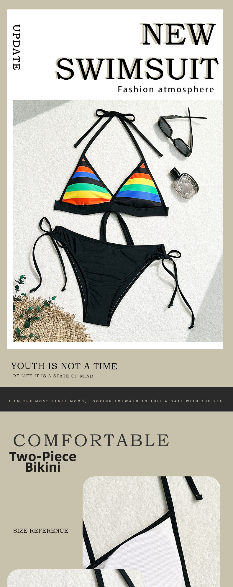 Women's Clothing Black Striped Print Triangle Bikini Sexy Two Piece Swimsuit Rainbow Style Women's Clothing_voghion.com