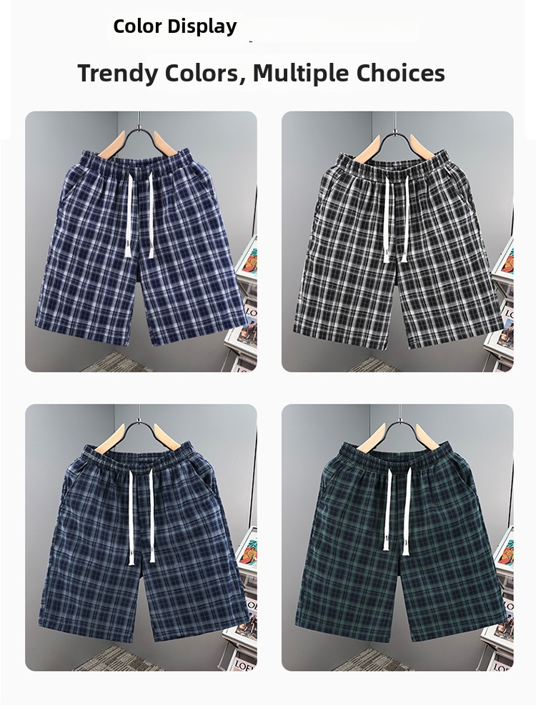 Classic Plaid Casual Shorts For Men Beach Quick Drying Faux Linen Loose Fitting Mid Length Summer Trendy Athletic Shorts_viptrois.com