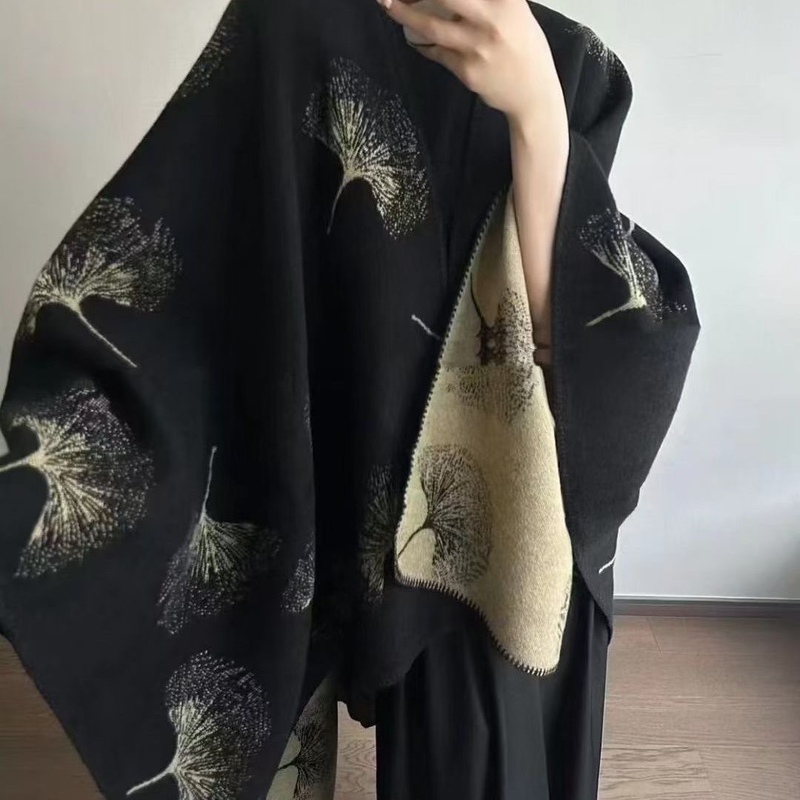 【银杏叶】秋款百搭新中式仿羊绒披肩气质女士针织装饰斗篷款|undefined
