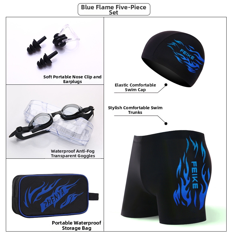 Zwembroek voor heren in grote maten, sneldrogend, comfortabel badpak voor volwassenen met vlammenpatroon, complete set voor warmwaterbronnen inclusief zwembril en badmuts._voghion.com