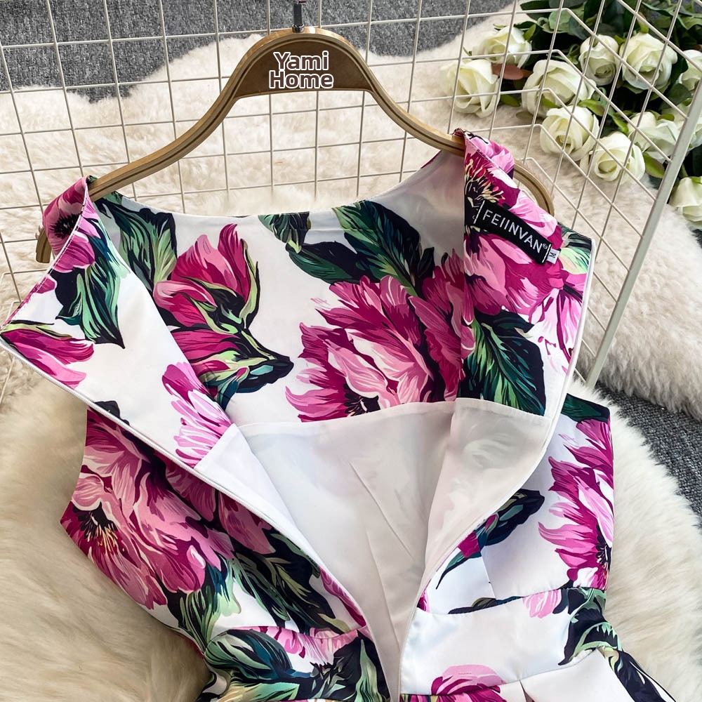 High-End Women's Sleeveless Dress European American Style Fashion Print round Neck Fitted Waist Pleated Full Skirt_ecoleips.com