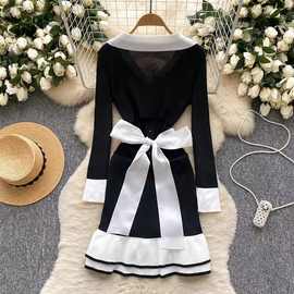 2025夏季新款女装时尚休闲针织连衣裙女长袖收腰显瘦气质长裙