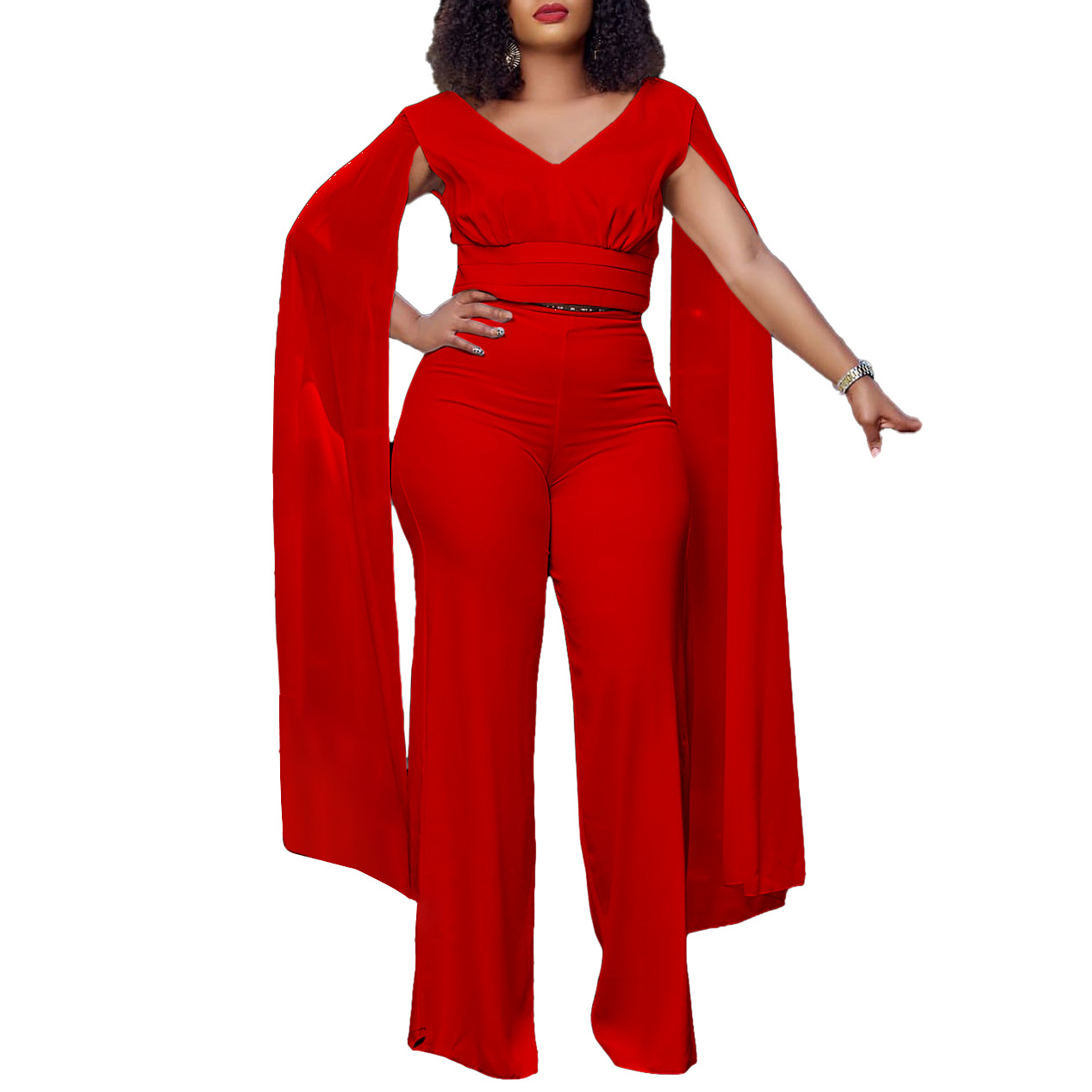 Women's Plus Size Elegant Fashion Set V Neck Top Wide Leg Pants Two Piece Commuter Suit_voghion.com