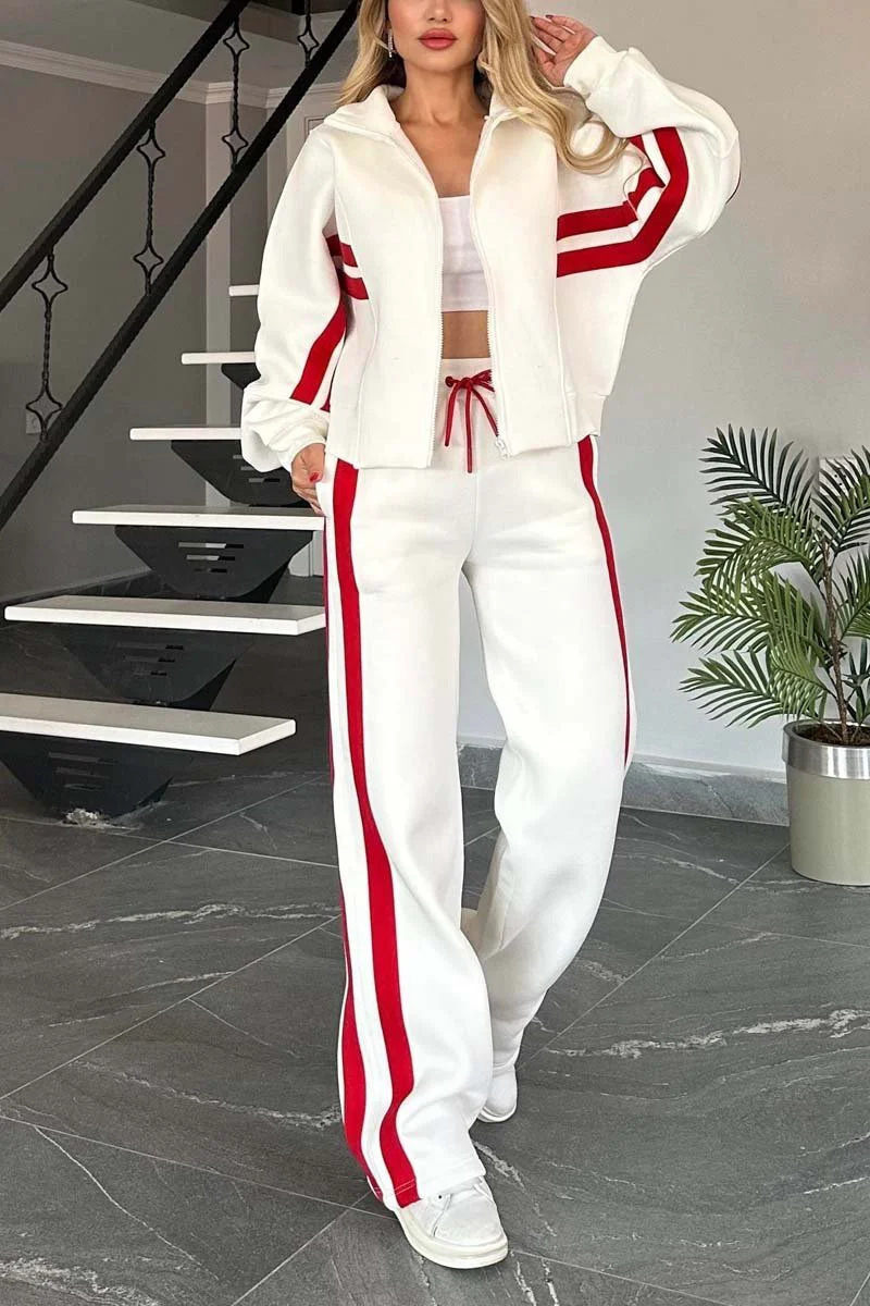 Y2K Women's Striped Zipper Top Jacket Casual Sports Suit Autumn Collection European And American Style Regular Fit_ecoleips.com