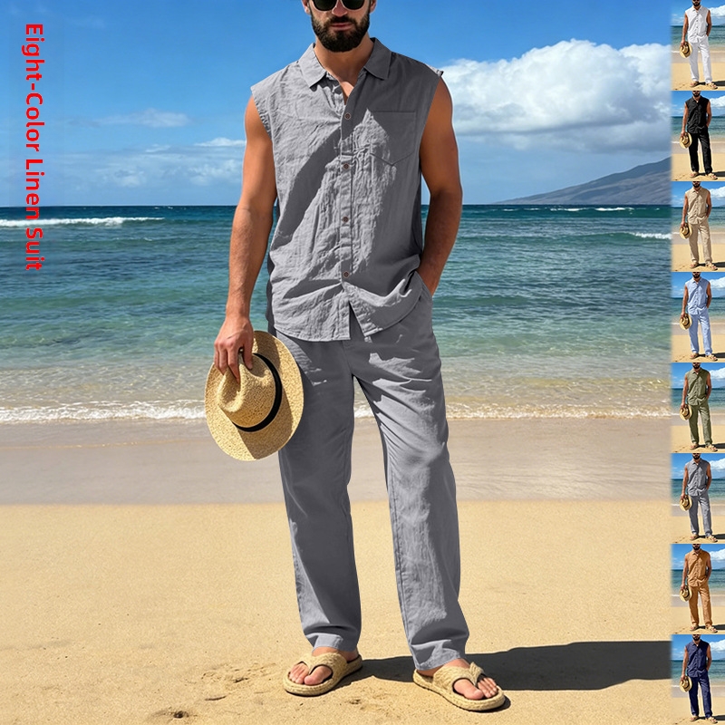 Herren Leinenanzug Mit Hemd Und Hose Für Den Sommer Set_voghion.com