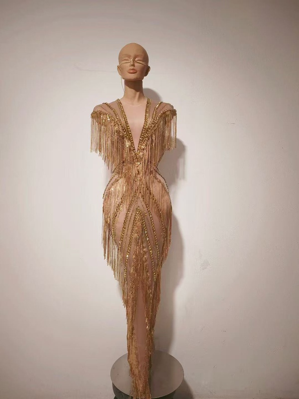 Gold Tassel Rhinestone Dress Deep V Pinch Waist Slim Long Dress Red Carpet Catwalk Singer Engagement Banquet Evening Dress