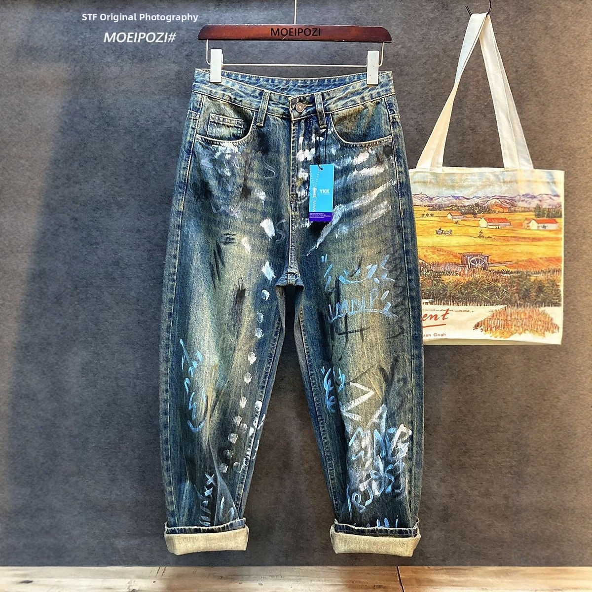 Men's Clothing Trendy Graffiti Printed Loose Straight Leg Jeans Personalized Washed Trousers Streetwear Jeans_mkmklike.com