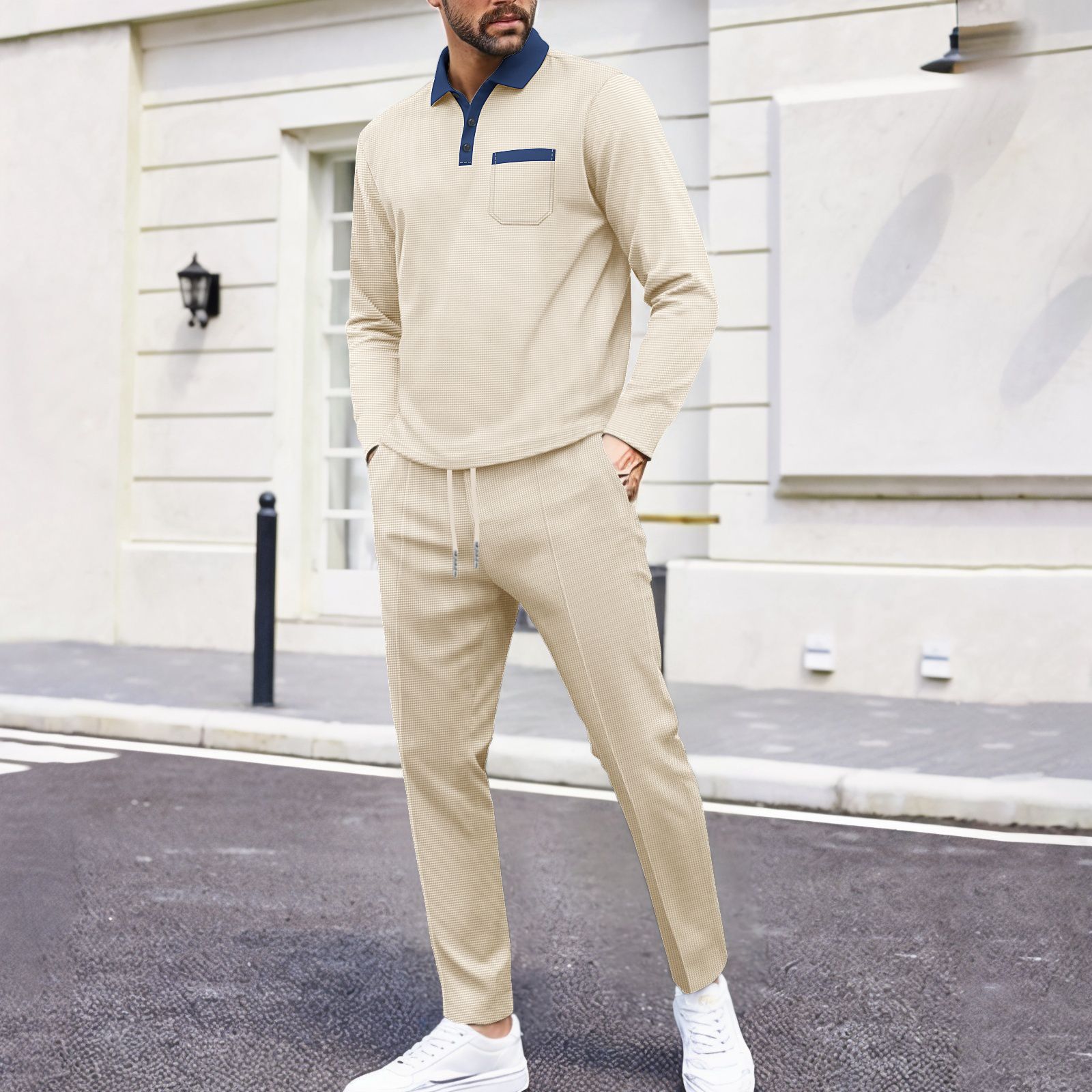 Herren Waffle Knit Lounge Set Henley Shirt Und Jogger Bequem_voghion.com