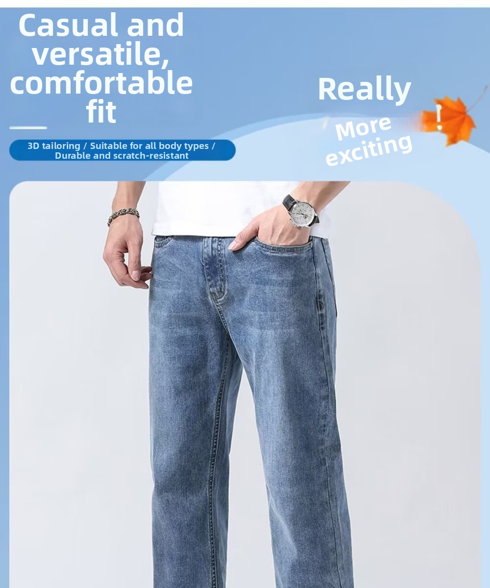 Men's Stretch Denim Jeans Thin Casual Loose Straight Leg Trousers For Summer_viptrois.com