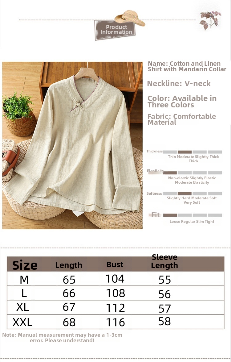 Blusa mujer estilo chino cuello v manga larga algodón y lino_voghion.com