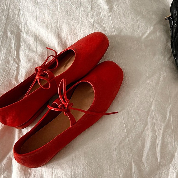 Damen-Mary-Jane-Schuhe, weiche Sohle, hellrot, Schnürschuhe, flache Ballerinas, lässige Lammfellschuhe_voghion.com