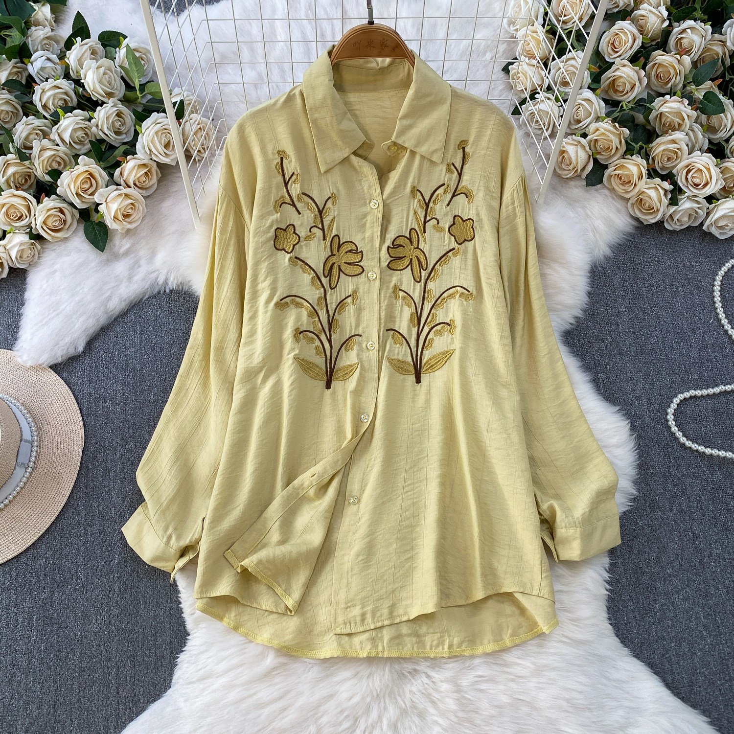 Women's French Style Two Piece Set Commuter Friendly Embroidered Collared Shirt And Slimming Wide Leg Pants Casual High Waisted Outfit_ecoleips.com