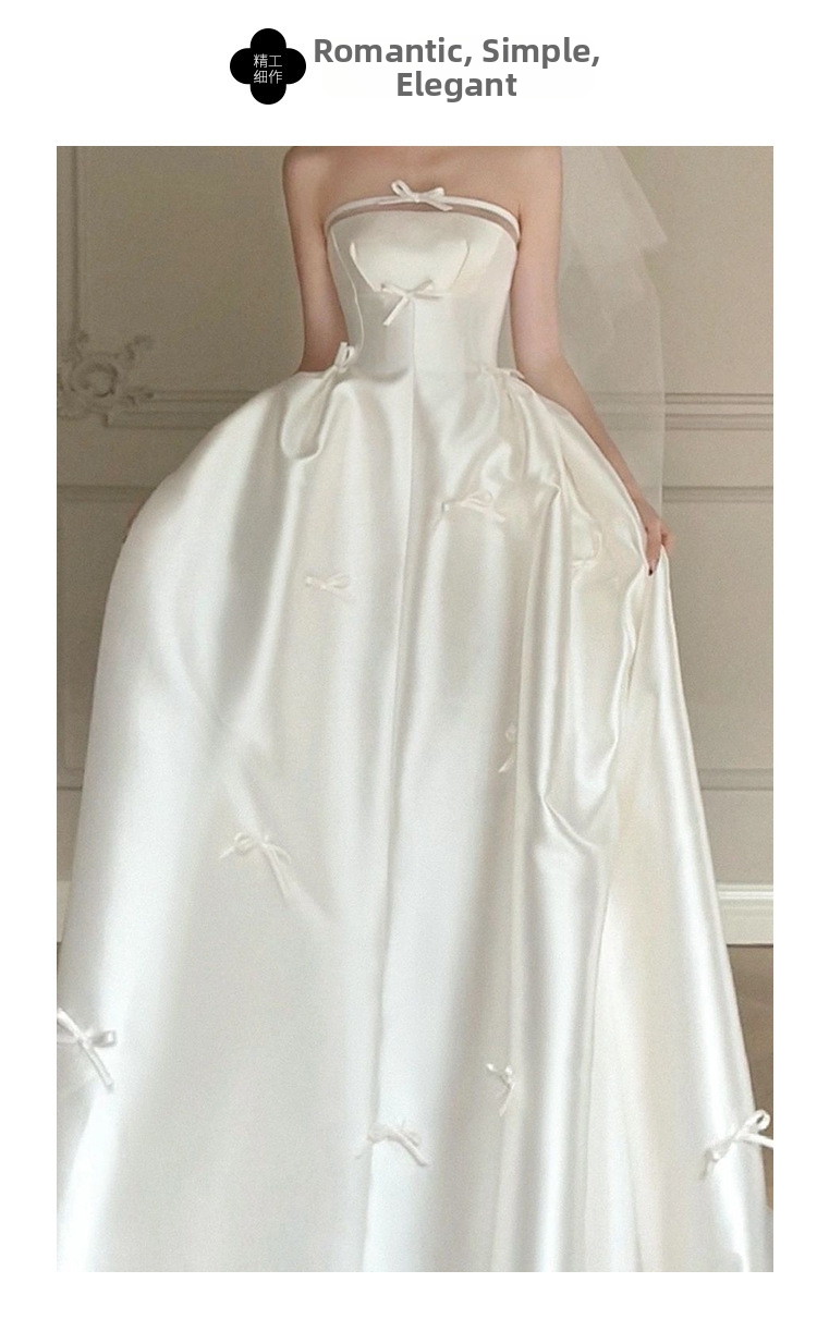 Elegant French Satin A-Line Wedding Dress With Detachable Bow & Train For Bride, Modest Chapel Length Gown_ecoleips.com