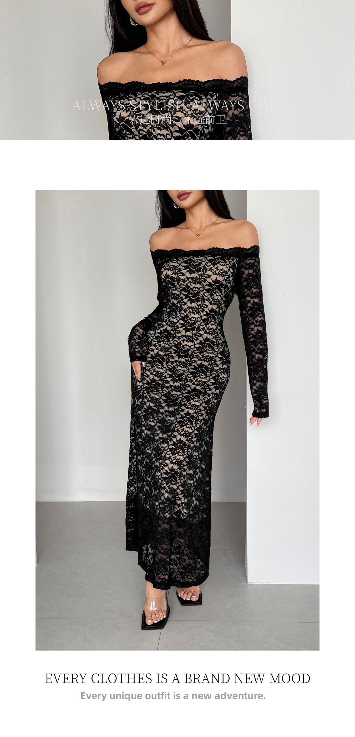 Women's Clothing Long Dress Lace Off-Shoulder Slim Fit American Style Autumn Winter New 2026_ecoleips.com