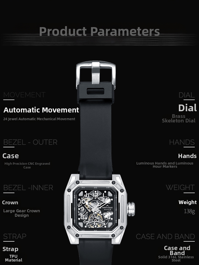 Square Mechanical Watch For Men Stainless Steel Luminous Skeleton_voghion.com