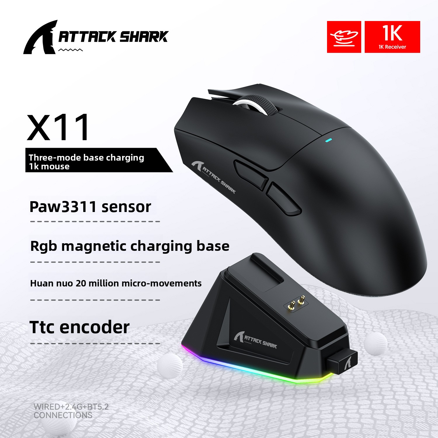 Attack Shark X11 Mouse Lightweight PAW3311 E-sports Game The Third Mock Examination Wireless Bluetooth Mouse Charging RGB Bottom_voghion.com