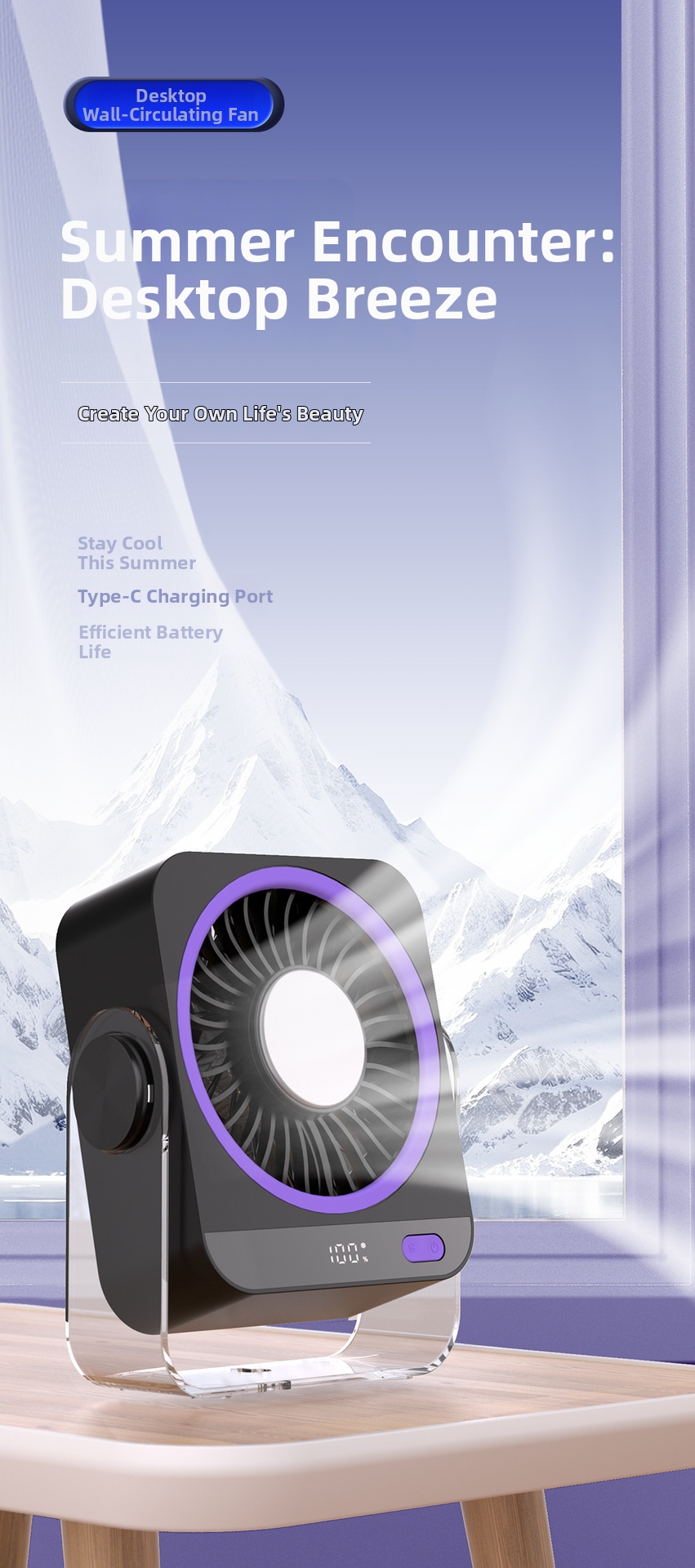 Desktop Portable Fan Usb Rechargeable With Digital Display_voghion.com