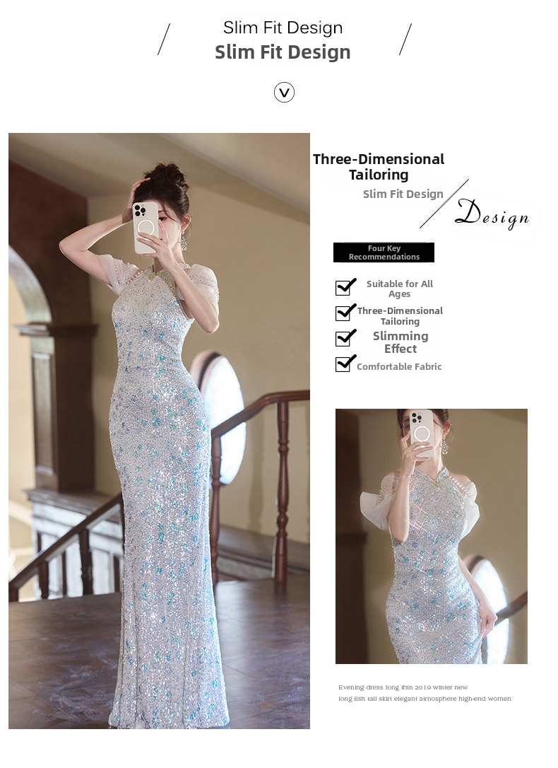 Elegant Sequin Mermaid Cheongsam Evening Gown - Slim Fit Qipao Dress For Banquet Party Wedding_ecoleips.com