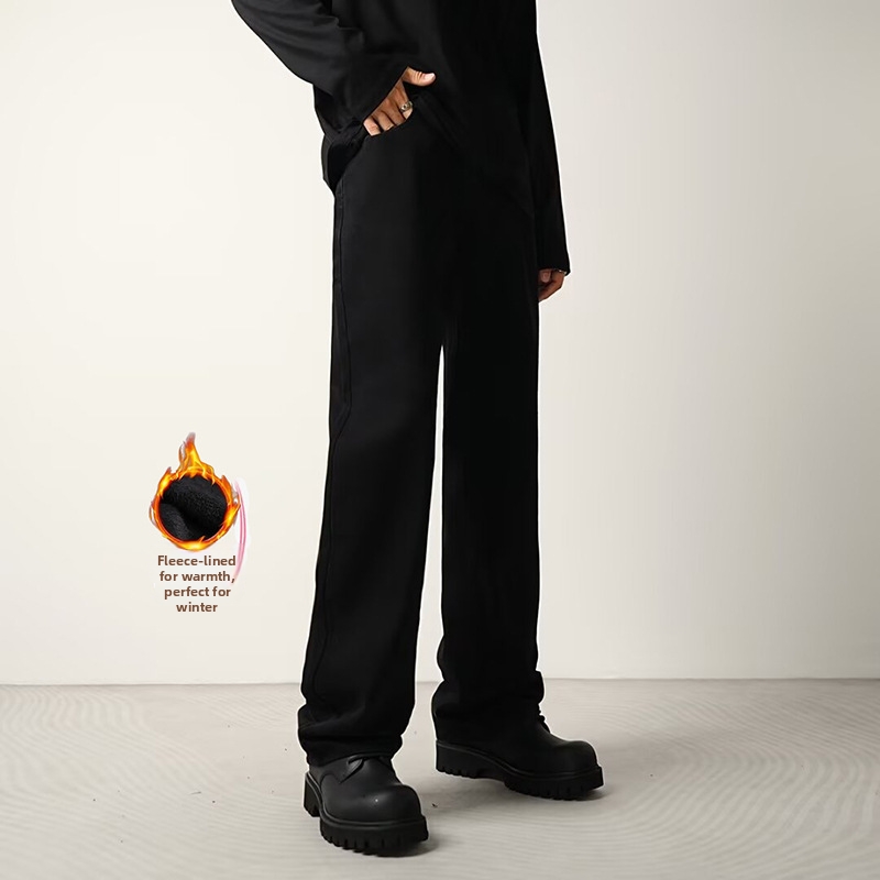 Men's Stretch Denim Jeans Loose Fit Straight Leg Fleece Lined Long Pants Style_viptrois.com