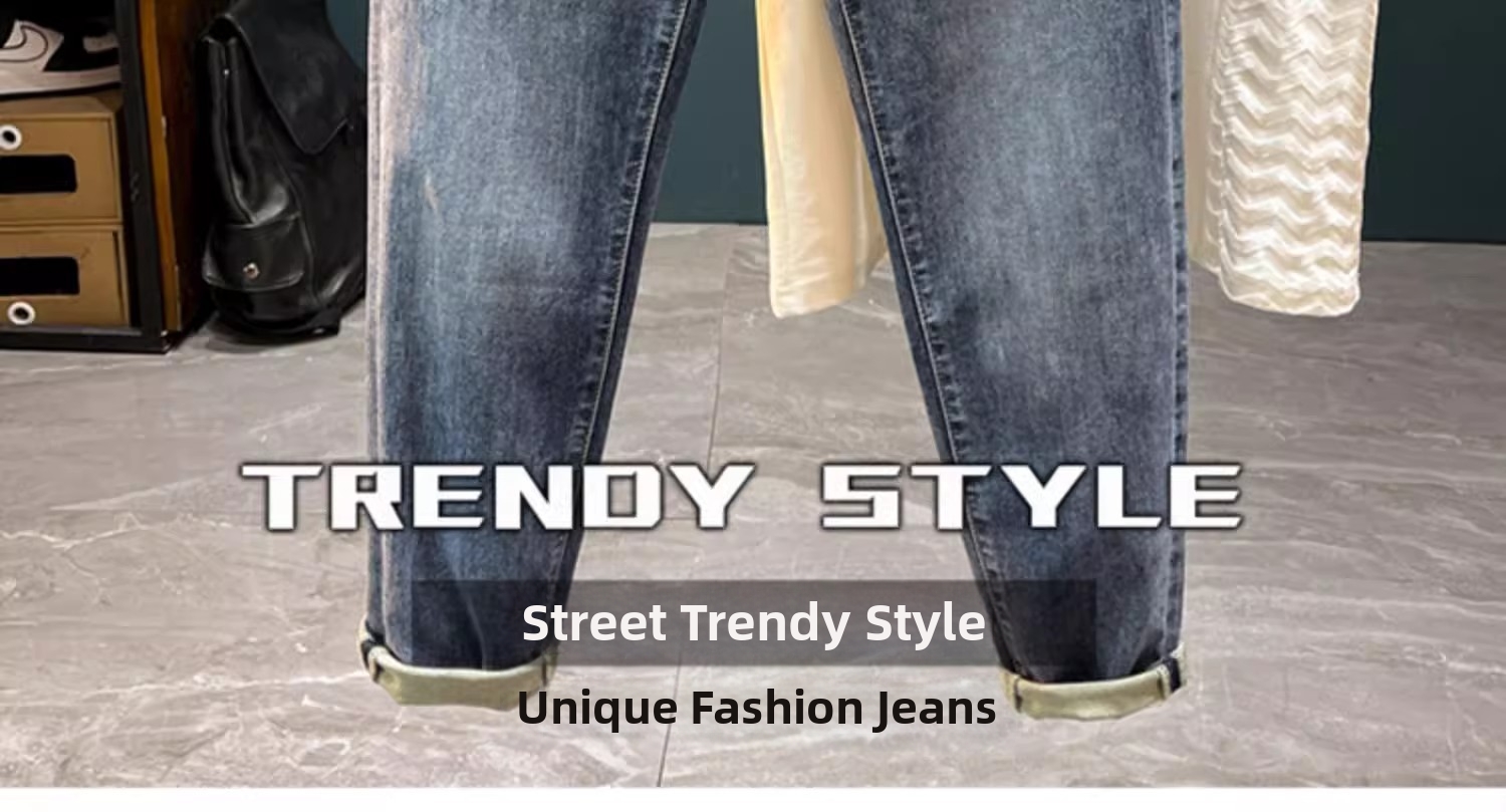 Men's Slim Fit Stretchy Jeans Casual Cropped Korean Style Trendy Slightly Wide Versatile Denim Blue Low Waist For Spring_mkmklike.com