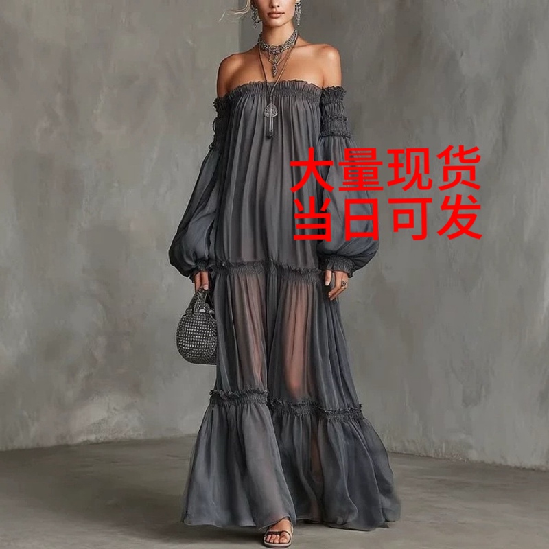 European and American Cross-Border Maternity Wear 2026 New Style Off-Shoulder Lantern Sleeve Evening Dress with Slit and Large Hem Maternity Dress