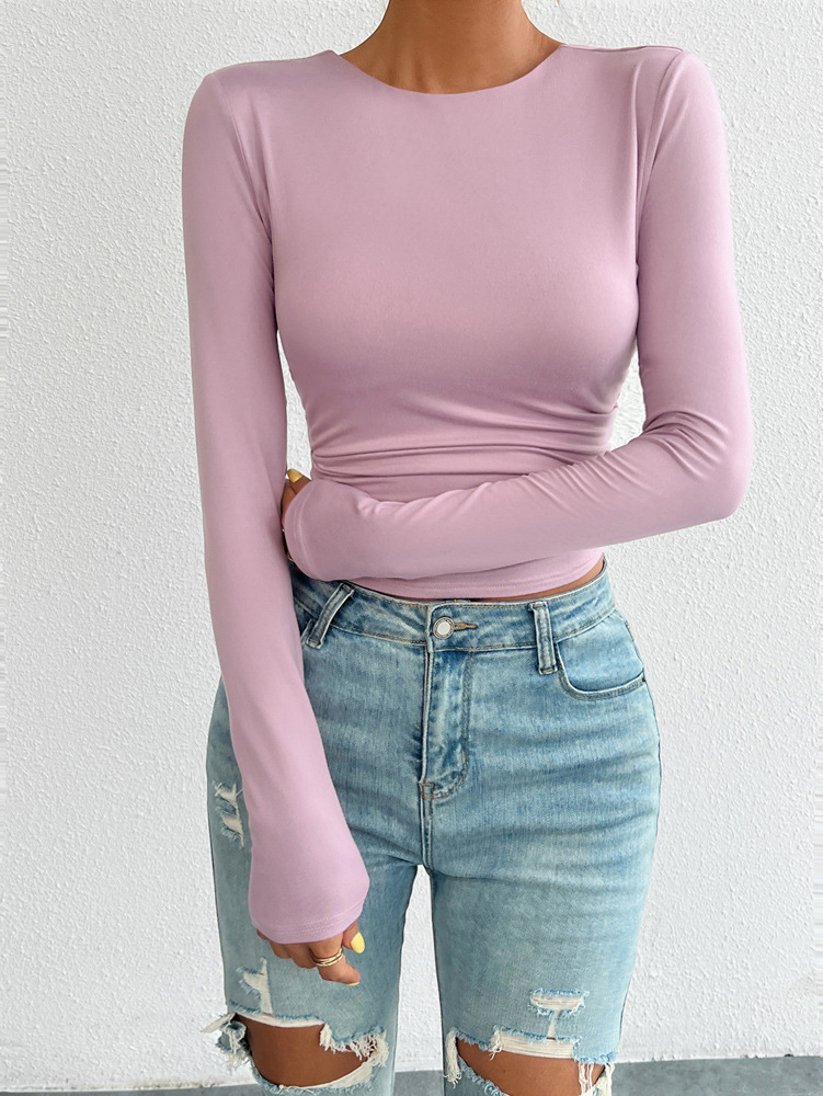 Maglia elegante a maniche lunghe da donna in maglia girocollo_voghion.com