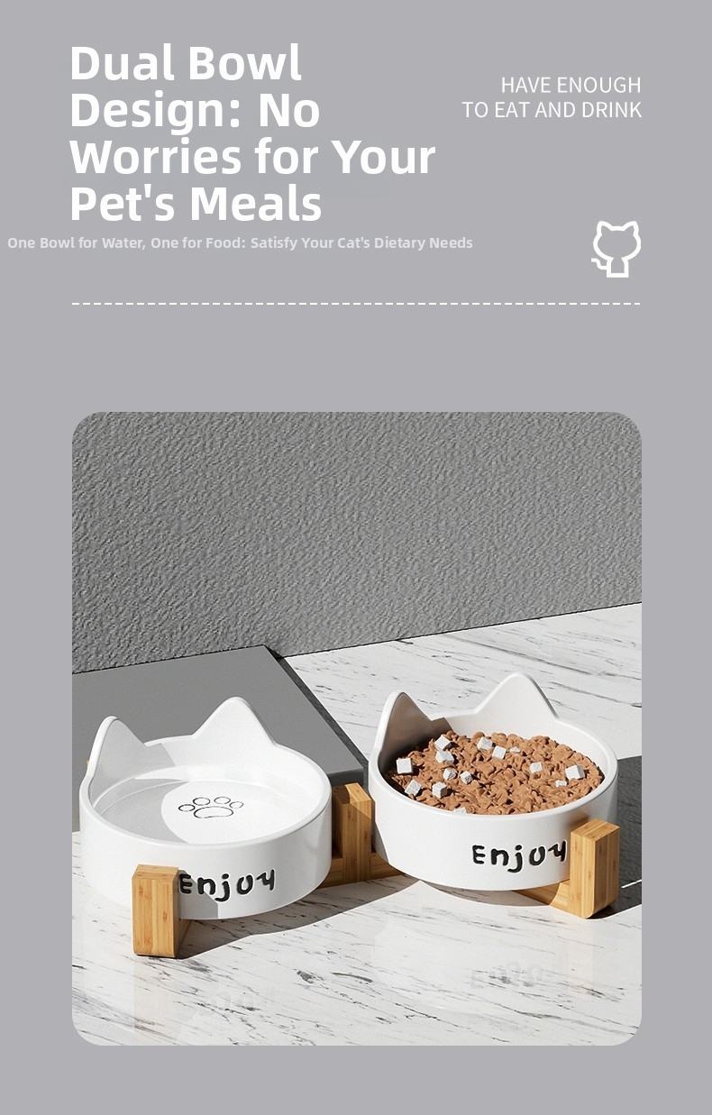 Ceramic Cat Bowl Elevated Pet Feeder With Wooden Stand_voghion.com