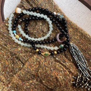Original Design Ebony Buddha Bead Necklace for Women, Aventurine Multi-Treasure Crossbody Super Shiny Tassel Chain
