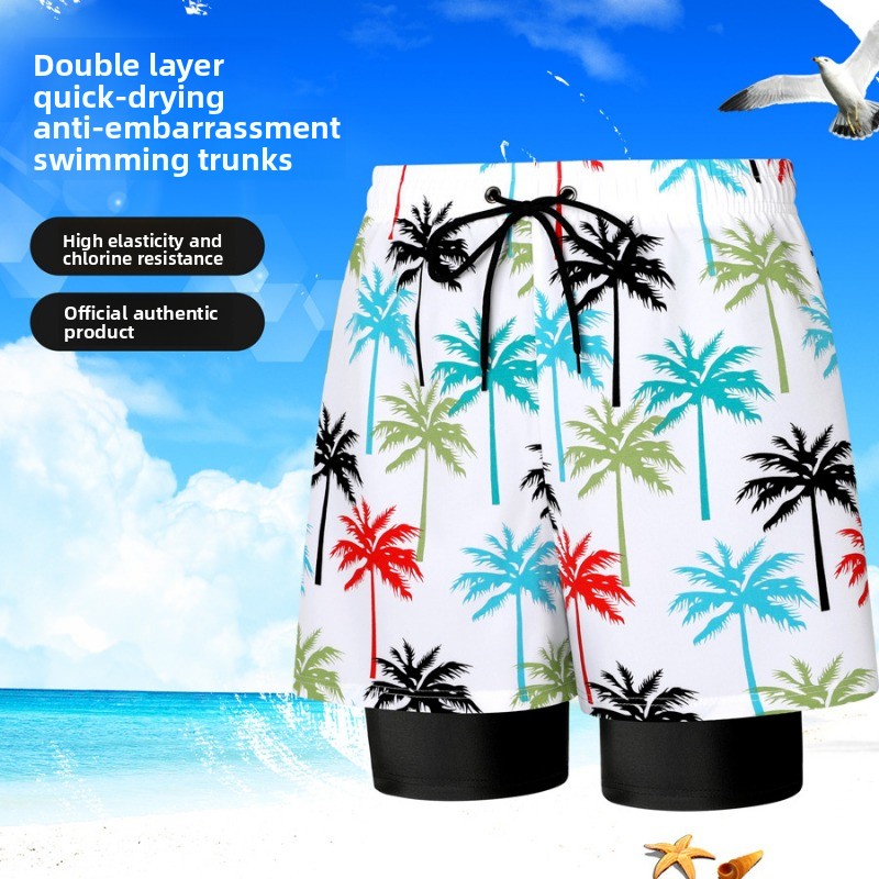 Men's Double Layer Swim Shorts With Coconut Tree Print_voghion.com